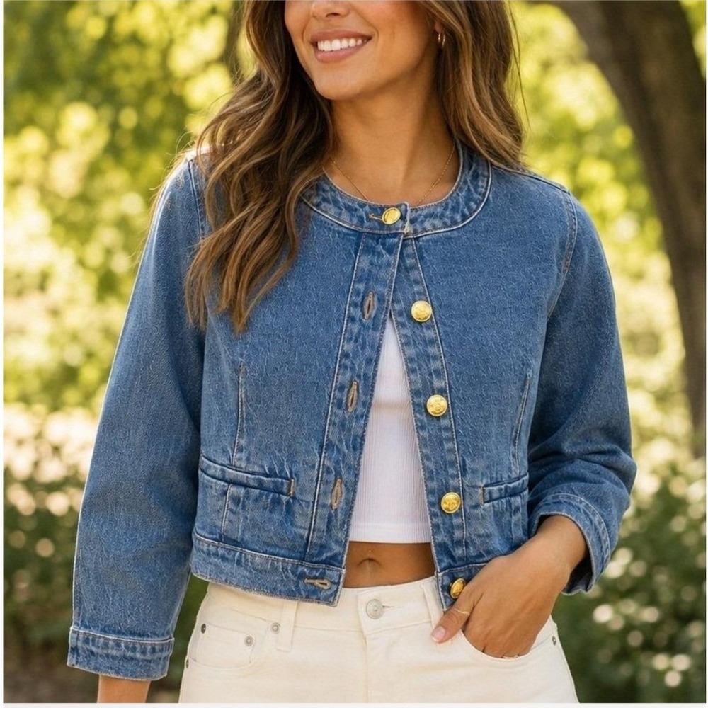 J.Crew Denim Louisa Lady Jacket 8 Blue Cropped Collarless Gold Crest Button